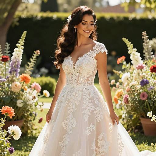 Photograph of a smiling brunette bride in a white, lace-embellished, deep V-neck ball gown, standing in a sunlit garden filled