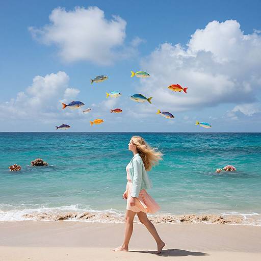 Photograph of a blonde woman in a white top and pink skirt walking on a beach, with colorful fish flying above her against a clear blue sky and