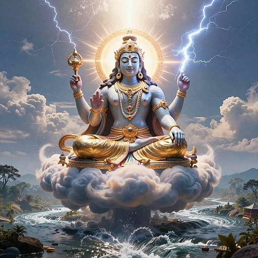 Digital art of blue-skinned, gold-ornamented Hindu deity, seated on cloud, holding trident and lightning, radiating sunburst,