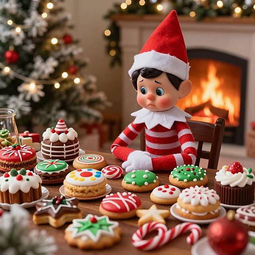 Photograph of a festive elf doll with red hat, white collar, and red-striped shirt, arranging colorful Christmas cookies and cupcakes on a wooden table by