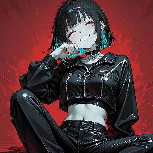 Smiling Anime Girl in Black Leather Outfit