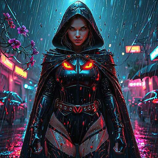 Cyberpunk rain-soaked street, glowing red eyes on black armored woman in hooded cape, neon lights, wet flowers, futuristic cityscape.