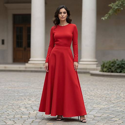 Woman in Red Dress by Building