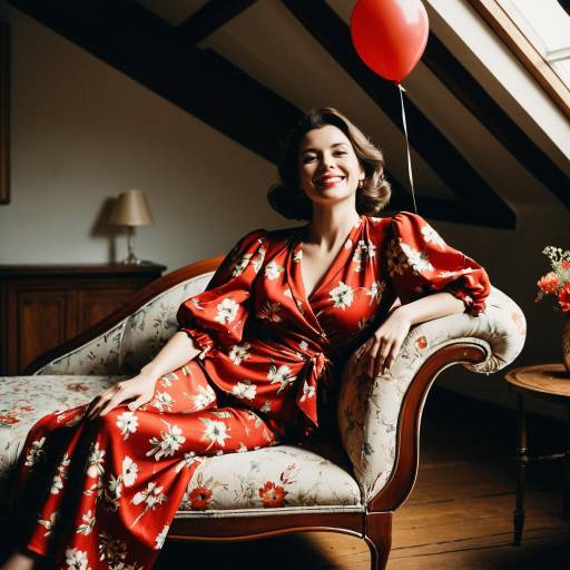 Smiling Woman in Floral Red Dress on Vintage Chaise Lounge