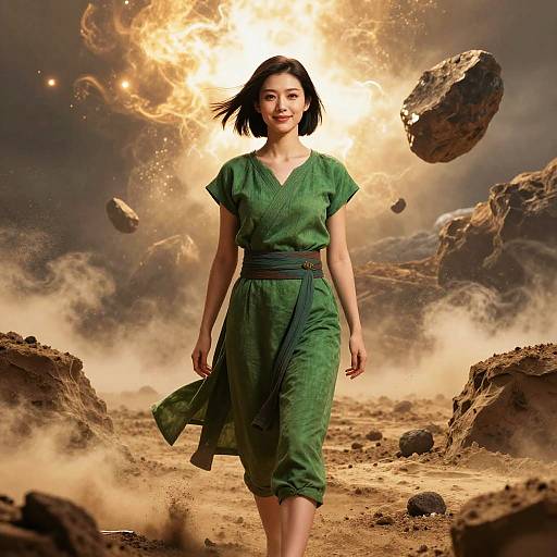 Woman Earthbender in Green Tunic with Flying Rocks