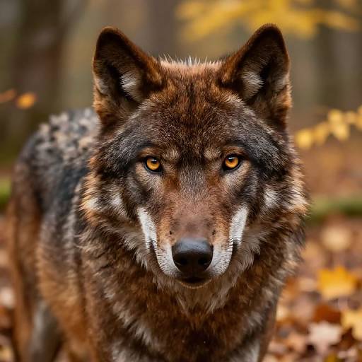 Photograph of a fierce, brown-gray wolf with intense orange eyes, standing in an autumn forest with yellow leaves on the ground.
