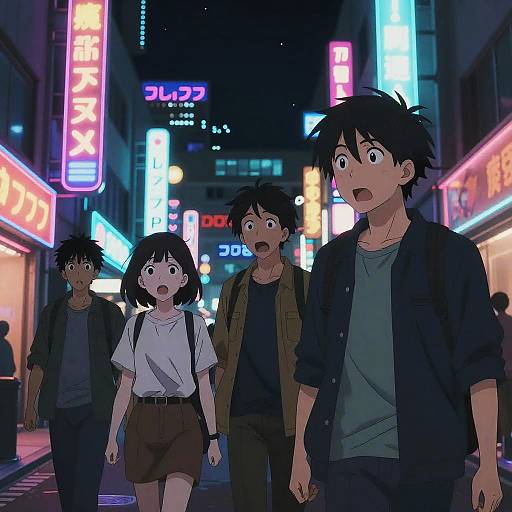 Anime-style drawing of four surprised Japanese teenagers walking down a neon-lit urban street at night, with bright signs in Japanese.