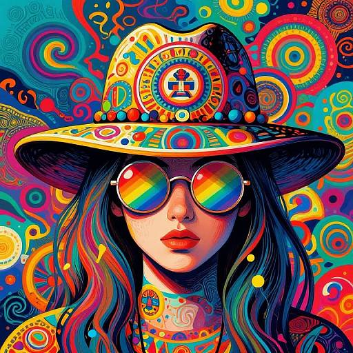 Vibrant digital illustration of a woman with rainbow-colored sunglasses, psychedelic hat, and colorful swirl background, exuding 1960s retro psychedelic style