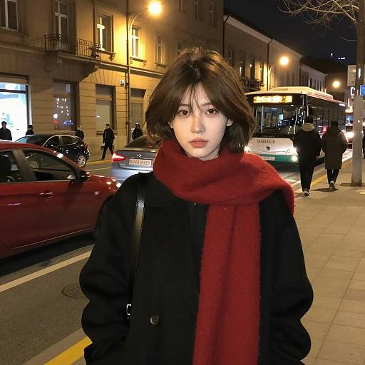 Woman in Black Coat and Red Scarf on City Street at Night