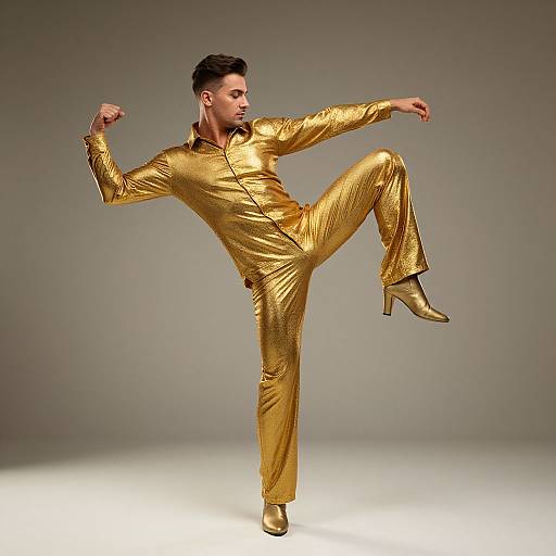 Photograph of a confident man in a shiny gold jumpsuit and matching gold high-heels, striking a dynamic martial arts pose against a neutral gray background