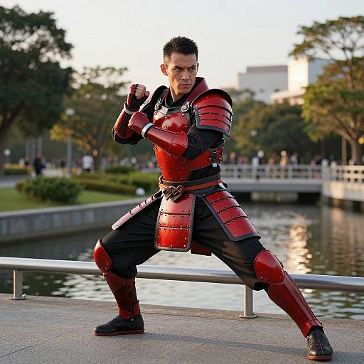 Photograph of a muscular man in red and black samurai armor striking a fighting pose by a park lake at sunset.