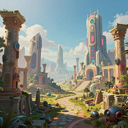 Vibrant, futuristic cityscape in digital art style, featuring glowing, ornate columns, colorful neon lights, and lush, overgrown ruins under