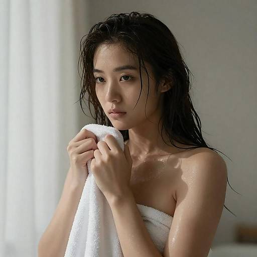 Dramatic Wet Brunette Holding Towel
