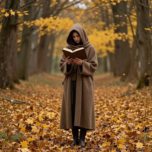 Photograph of a woman in a brown hooded coat, standing in an autumn forest, reading a book amidst golden leaves.
