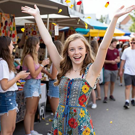 Photograph of a smiling, fair-skinned, young woman with long brown hair, wearing a colorful floral dress, raising arms joyfully at a bustling
