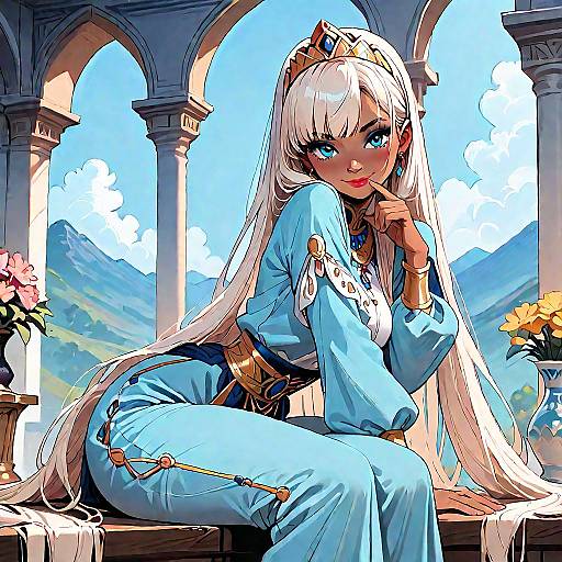 Digital anime-style drawing of a cute, fair-skinned, blue-eyed girl with long white hair, wearing a blue, ornate robe, seated on