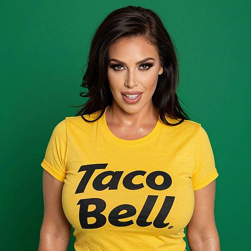 Photograph of a confident woman with dark hair and olive skin, wearing a yellow 