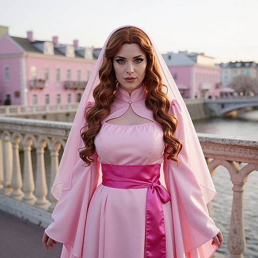Photorealistic digital art of a red-haired woman in a pink nun outfit with veil, standing on a pink building bridge by a river at sunset.