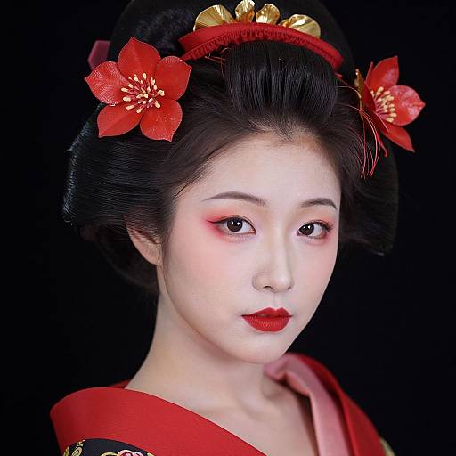 Photograph of an East Asian woman in traditional Japanese geisha attire, featuring red flowers in her black hair, red eyeshadow, and lipstick,