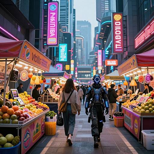Photograph of a neon-lit, bustling urban market street at dusk, featuring a futuristic armored figure walking past colorful fruit stalls with vibrant signs and illuminated