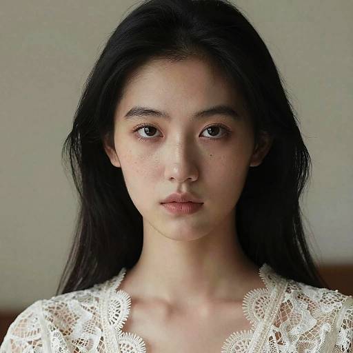Photograph of an Asian woman with long black hair, fair skin, and brown eyes, wearing a white lace top, looking directly at the camera.