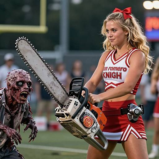 Photograph of a blonde cheerleader in red and white uniform wielding a chainsaw, facing a zombie on a football field.