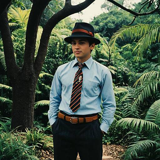 Young man in formal attire in lush jungle