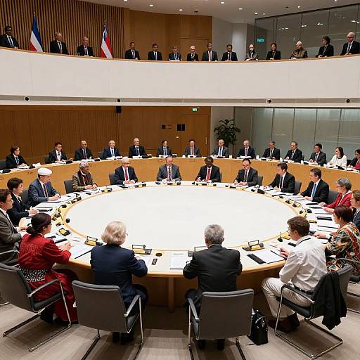 Photograph of a formal business meeting with 20 people in suits, seated around a bright white circular table, in a modern conference room with wooden and