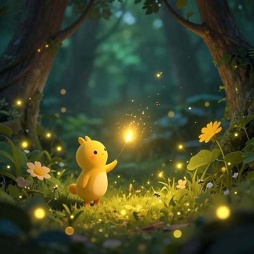 Digital illustration of a cute, yellow, cartoon squirrel holding a glowing firefly, surrounded by enchanted forest with glowing fireflies, flowers, and trees at