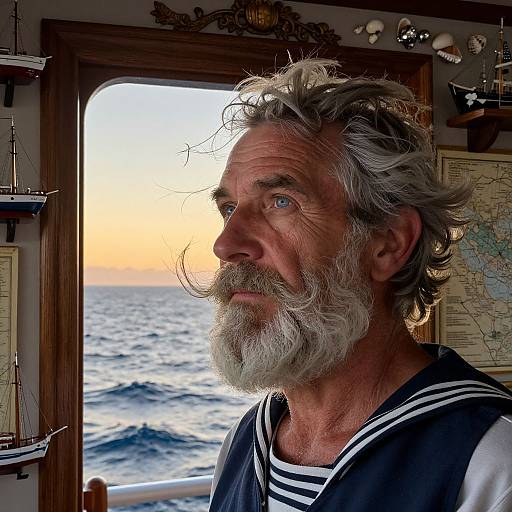 Photograph of an older, bearded man with gray hair, wearing a sailor's uniform, gazing at a sunset over the ocean through a ship