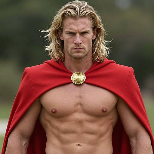 Muscular Blond Hero in Red Cape