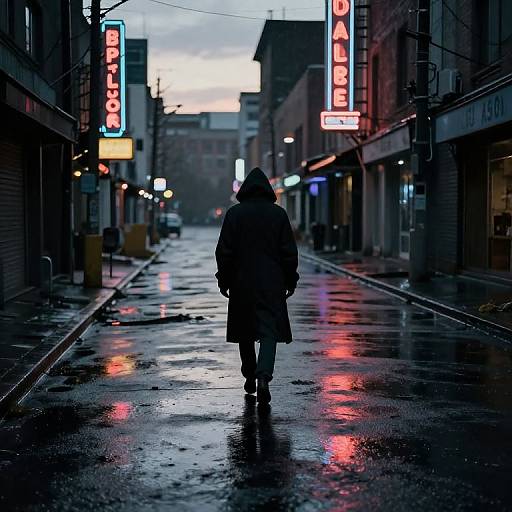 Photograph of a lone figure in a dark coat and hat walking down a rain-soaked, neon-lit urban street at dusk.