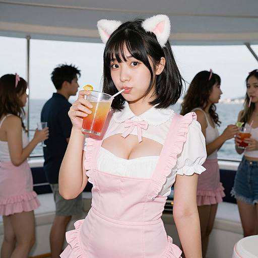 Playful Kawaii Woman at Yacht Party