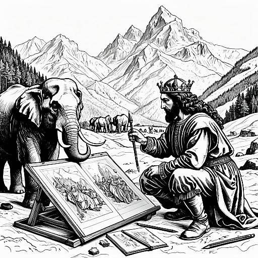 Renaissance King Sketching with Elephants in Alps