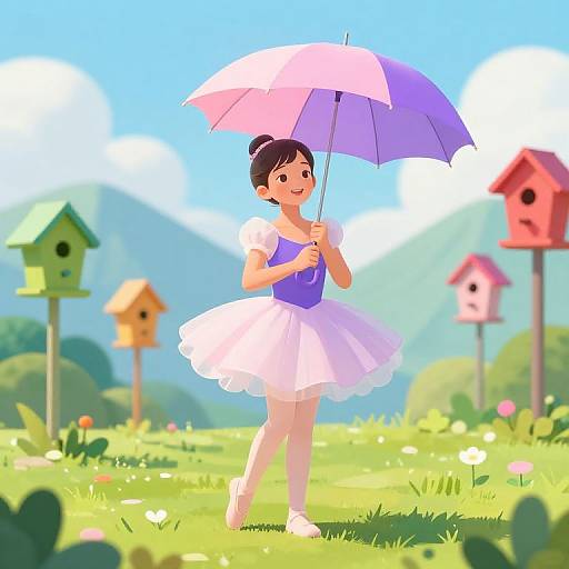 Digital illustration of a smiling Asian girl in a white tutu and purple leotard holding a pink-and-purple umbrella, standing in a sunny, vibrant