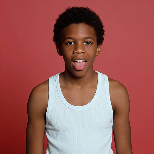 Photograph of a young Black boy with short curly hair, wearing a white tank top, sticking out his tongue against a solid red background.