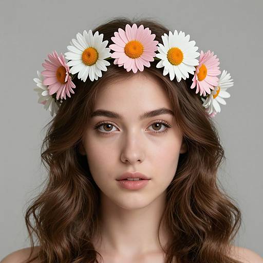 Photograph of a young woman with wavy brown hair, wearing a daisy flower crown, against a plain gray background. She has fair skin,