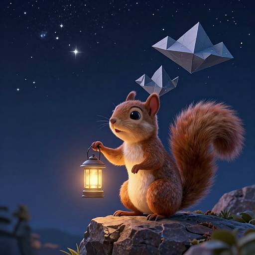 Digital artwork of a cute, fluffy red squirrel holding a glowing lantern on a rocky cliff under a starry night sky, with geometric silver paper planes floating