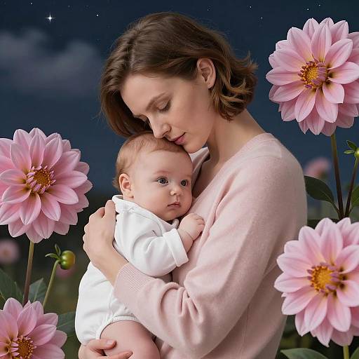 Tender Moment: Woman and Baby Surrounded by Dahlias