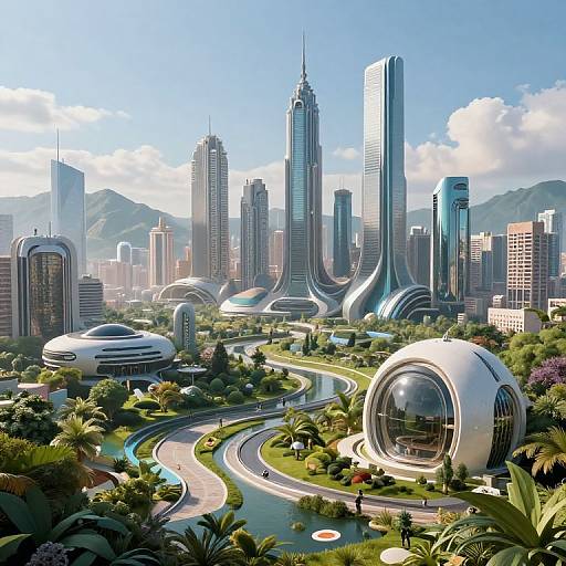 Photorealistic CGI of a futuristic cityscape with sleek, curved skyscrapers, glass domes, winding roads, lush greenery, and mountain