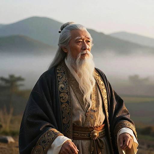 Majestic Elderly Asian Man in Traditional Robes