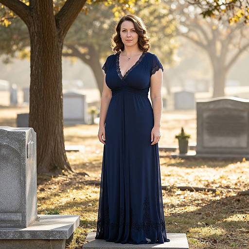 Photograph of a curvy, fair-skinned woman with shoulder-length brown hair, wearing a black lace-trimmed gown, standing in a sun