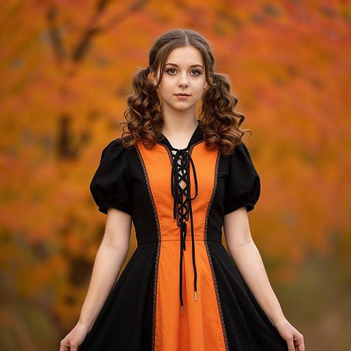 Photograph of a young woman with curly brown hair, wearing an orange and black Victorian-style dress, standing in front of autumn-colored trees.
