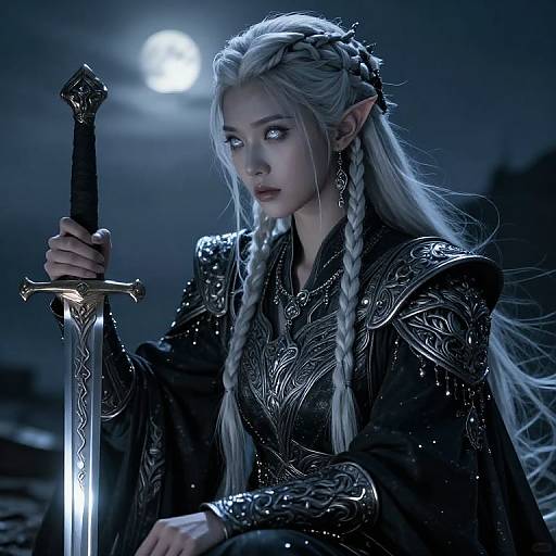 Digital artwork of a pale, elven woman with long, braided silver hair, holding a glowing sword under a moonlit night sky. She wears