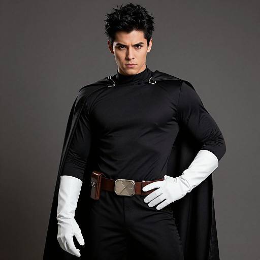 Photograph of a muscular, dark-haired man in a black superhero costume with white gloves, cape, and brown belt, standing against a dark gray background