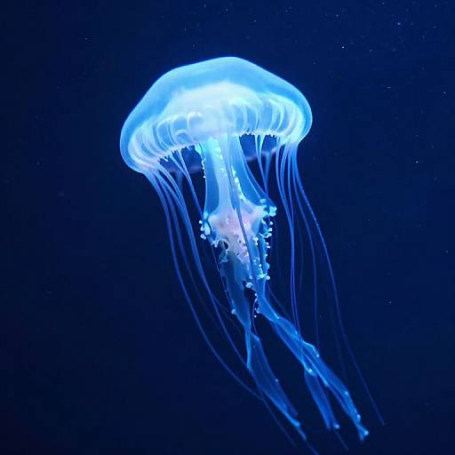 Photograph of a glowing blue jellyfish with translucent tentacles, floating in a dark blue oceanic background.