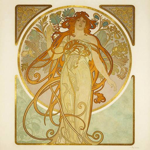 Art Nouveau-style digital illustration of a fair-skinned woman with flowing red hair, wearing an ornate, golden dress, surrounded by intricate floral patterns