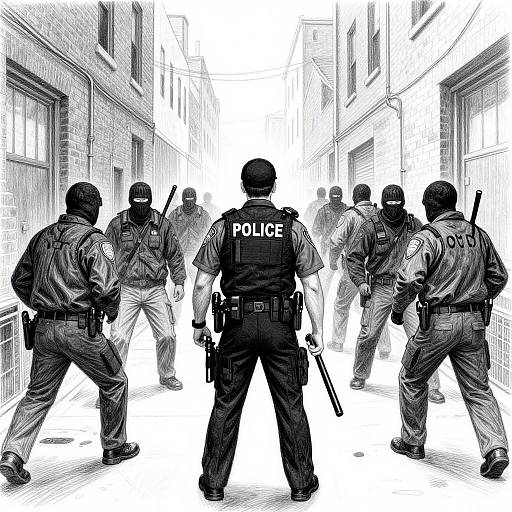Black-and-white digital drawing of six police officers in tactical gear, standing in a narrow, urban alley, facing forward.