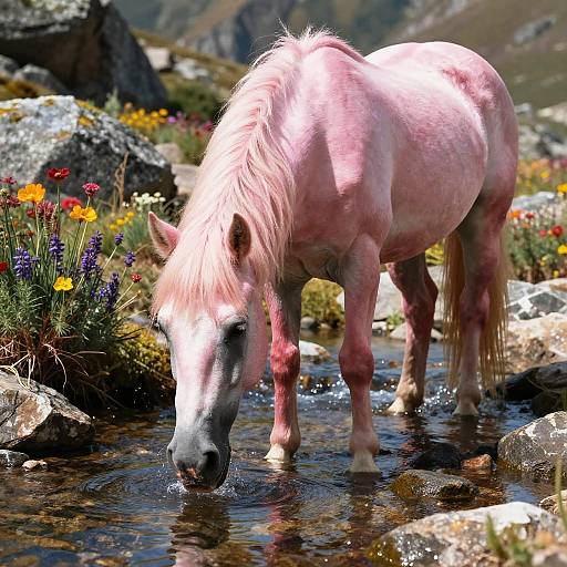 Photograph of a pink horse with a white mane drinking from a clear, rocky stream surrounded by colorful wildflowers and rocky terrain.