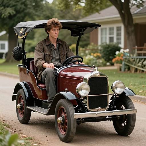 Photograph of a young man with curly brown hair, wearing a brown jacket and gray pants, driving a vintage maroon convertible with black wheels and a